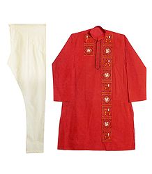 Embroidered Brick Red Kurta and Off-White Churidar