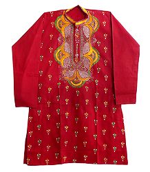 Red Cotton Kurta with Kantha Embroidery