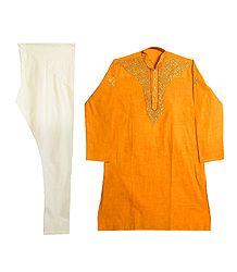 Embroidered Yellow Cotton Kurta and Cream Color Churidar