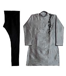 Embroidered Raw Silk Grey Kurta and Black Cotton Churidar for Men