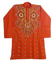 Saffron Cotton Kurta with Kantha Embroidery