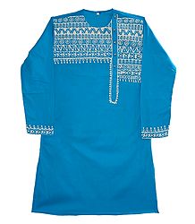 Embroidered Blue Cotton Kurta for Men