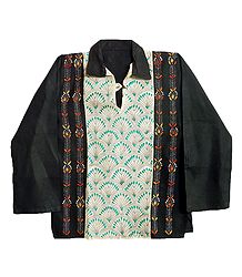 Off-White with Black Mens Short Kurta with Kantha Stitch