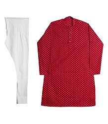 Red Cotton Kurta with White Churidar