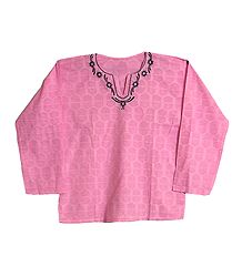 Mens Pink Short Kurta with Embroidered Neckline