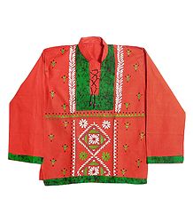 Brick Red with Green Mens Short Kurta with Embroidery