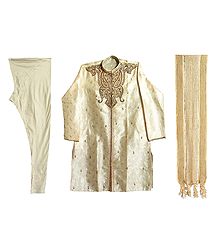 Light Beige Self Design Mens Sherwani with Zardosi Work