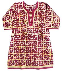 White and Yellow Printed Batik on Dark Red Kurta with Three Quarter Sleeves