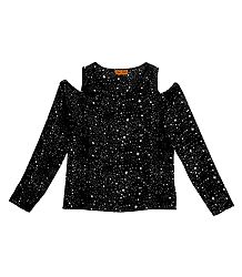 White Stars on Black Synthetic Cold Shoulder Top