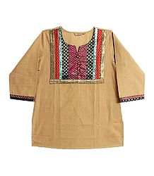 Beige Short Kurta with Multicolor Design