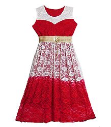 Red Lycra with White and Red Laced Long Gown