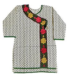 Black Print on White Achkan Style Kurti with Parsi Embroidery on Neckline and Border