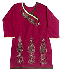 Red Achkan Style Kurti with Zari and Green Thread Embroidery on Neckline and Border