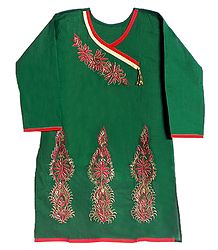 Dark Green Achkan Style Kurti with Zari Embroidery on Neckline and Border