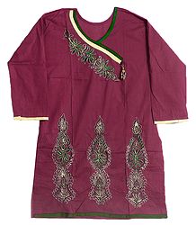 Maroon Achkan Style Kurti with Zari and Green Thread Embroidery on Neckline and Border