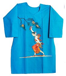 Hand Painted Dark Cyan Blue Kurta with Three Quarter Sleeves