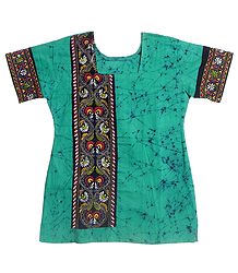 Cyan Blue and Black Batik Painted Kurta with Kantha Stitch Embroidery