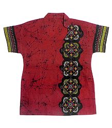 Red and Black Batik Painted Kurta with Kantha Stitch Embroidery
