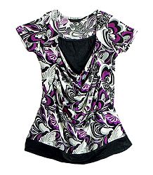 Purple, Grey and Black Print on White Top