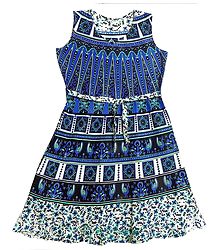 Blue and Cyan Sanganeri Print Dress with a Pair of Additional Unstitched Sleeves