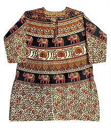 Red, Yellow and Black Flower, Elephant and Peacock Print on Off-White Kurta