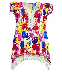 Multicolor Print on White Top with Net Border and Sleeves
