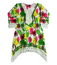 Multicolor Print on White Top with Net on Border and Sleeves