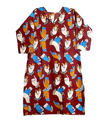 Printed Hand Gestures on Rust Red Cotton Kurta
