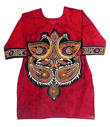 Batik Painted Two Peacocks on Red Kurta with Three Quarter Sleeves
