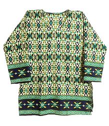 Cyan Green Ikkat Print on Light Yellow Synthetic Top