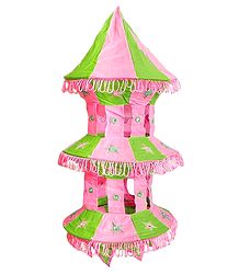 Pink with Light Green Appliqued and Mirrorwork Foldable Hanging Cloth Lamp Shade