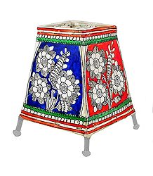 Leather Perforated Stand Lamp Shade with Colorful Hand Painted Flower Design