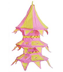 Light Yellow with Pink Appliqued and Mirrorwork Foldable Hanging Cloth Lamp Shade