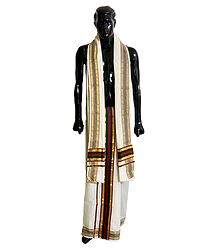 Off-White Cotton Lungi and Chadar with Red, Green, Black and Zari Border