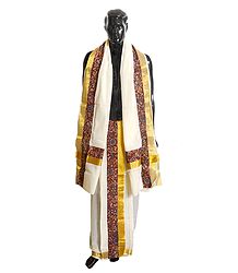 Off-White Cotton Kerala Lungi and Chadar with Kalamkari Border