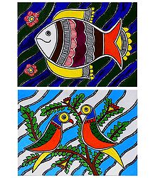 Fish and Birds - Set of 2 Madhubani Paintings on Unframed Photographic Paper