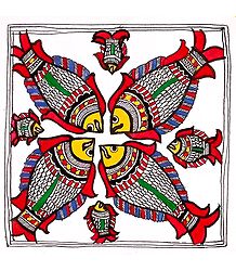 Colorful Fish - Unframed Madhubani Painting on Paper