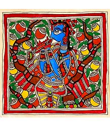 Lord Krishna - Unframed Madhubani Painting on Paper