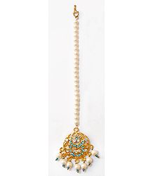 Faux Blue Sapphire and Zirconia Studded Mang Tikka with Green Beads