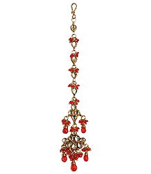 Saffron Bead with Kundan Work Gold Plated Mang Tika