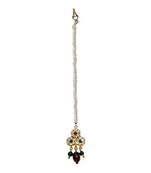 Red, Green Stone Studded Mang Tikka with White Beads