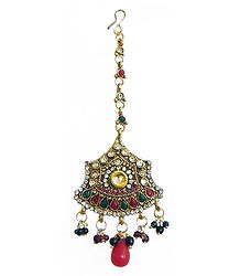 Maroon and White Stone Studded Oxidised Metal Polki Mang Tika