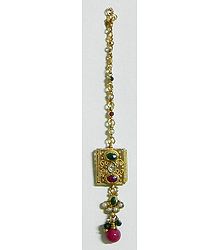 Maroon and Green Stone Studded Oxidised Metal Polki Mang Tika