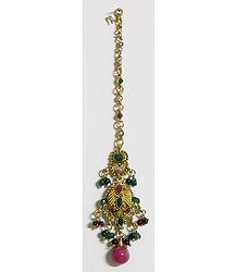 Red and Green Stone Studded Oxidised Metal Mang Tika