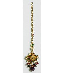 Maroon and Green Stone Studded Oxidised Metal Polki Mang Tika