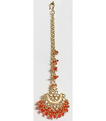 Saffron Bead with White Stone Studded Gold Plated Maang Tikka