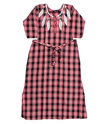 Check Cotton Maxi with Neckline Embroidery