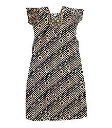 Embroidered Neckline with Brown Print on Black Cotton Maxi