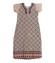 Embroidered Neckline with Red and Black Stripe on Beige Cotton Maxi
