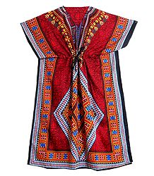 Multicolor Print on Red Viscose Kaftan